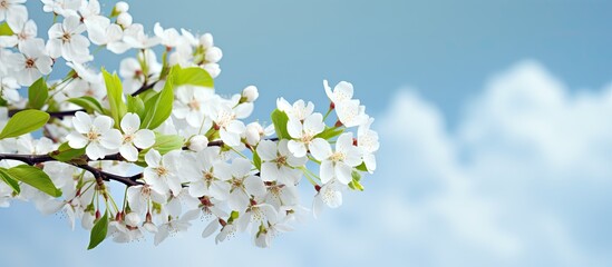 Spring beauty background with blooming white flowers of trees against a backdrop of the blue sky creating a vibrant scene with copy space image
