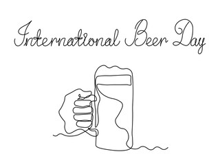 International Beer Day. continuous single line art drawing sketch, logo. Abstract hand with mug, glass beer