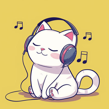 recommend clip art: Cute cat, kitten listening to music, wearing headphones, sitting on the floor, eyes close from enjoyment, doodle, cartoon illustration