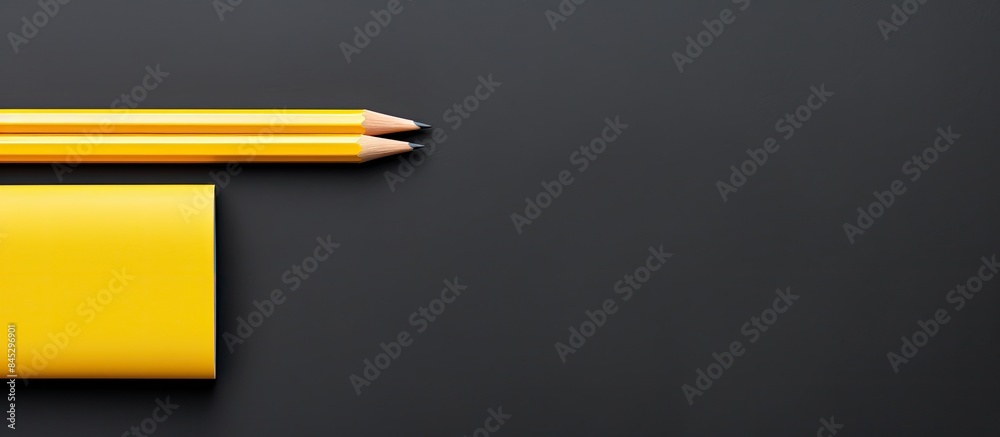 Poster a yellow pencil and black pen lie on a gray background providing space for text the top down perspec
