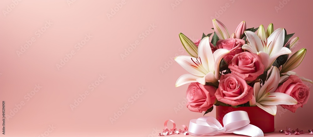 Poster a romantic valentine s day scene with a beautiful flower bouquet set against a pink background leavi