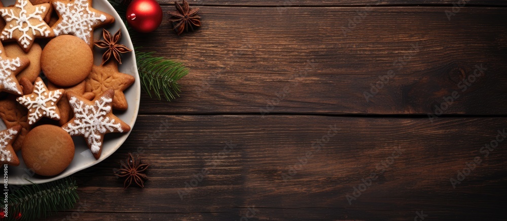 Poster a festive plate of delicious gingerbread cookies set on a rustic wooden table is captured in a copy 