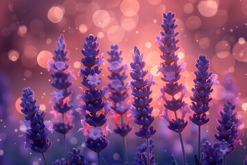 This image showcases a vibrant array of lavender flowers in full bloom, bathed in the warm glow of...