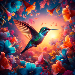 hummingbird flying with flowers background