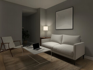 Living room with a white sofa and chair
