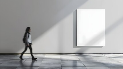 Obraz premium Blank poster mockup on the wall for design presentation. A young woman walks past 