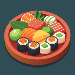 Delicious Japanese Food  A Variety of Sushi and Sashimi Mixed Japanese Food Plate