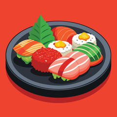 Delicious Japanese Food  A Variety of Sushi and Sashimi Mixed Japanese Food Plate