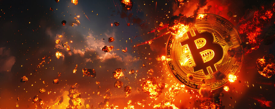 dramatic scene of the bitcoin logo burning and exploding with fire particles as it is broken into pieces. Cryptocurrency price explosion or implosion concept. With copy space