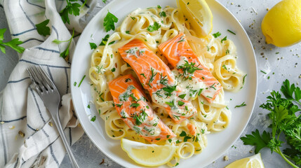 A plate of fettuccine Alfredo topped with salmon and fresh herbs, garnished with lemon slices and served with a fork and napkin. Fettuccine Alfredo with Salmon and Herbs

 - Powered by Adobe