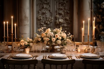 Wedding reception hall with an elegant table setting with candles