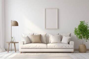 Bright and cozy modern living room interior have sofa and lamp with white wall