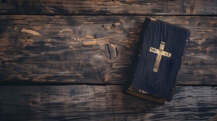 Bible and Cross Symbolism on Wooden Surface