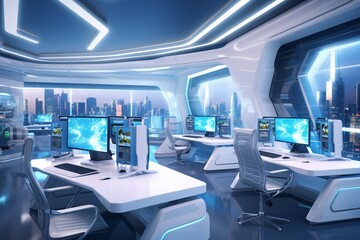Futuristic office design with modern computer equipment generated by ai