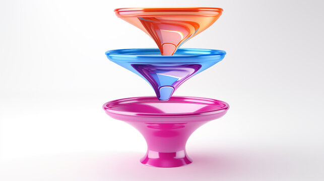 Colorful 3D funnel model flow 3 step, levitating on white gray background.