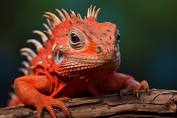 Beautiful baby red iguana closeup head on wood animal closeup