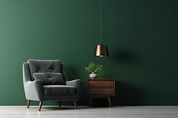 Interior living room with armchair on empty dark green wall, 3d rendering
