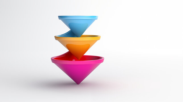 Colorful 3D funnel model flow 3 step, levitating on white gray background.