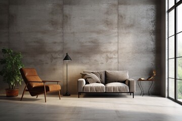 Living room interior in loft apartment with armchair,concrete wall.3d rendering