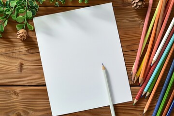 Coloring Page Mockup with Colored Pencils on Wooden Table