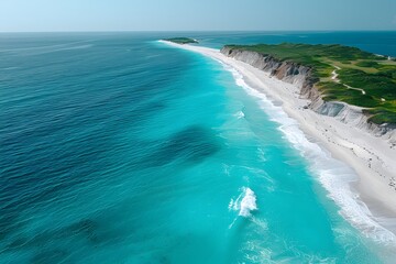 Obraz premium Breathtaking Aerial View of Pristine Coastal Beach with Crystal Clear Waters and Rugged Cliffs