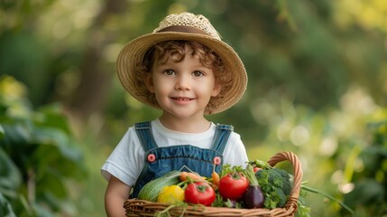 A young boy in a straw hat and overalls holds a basket of fresh vegetables