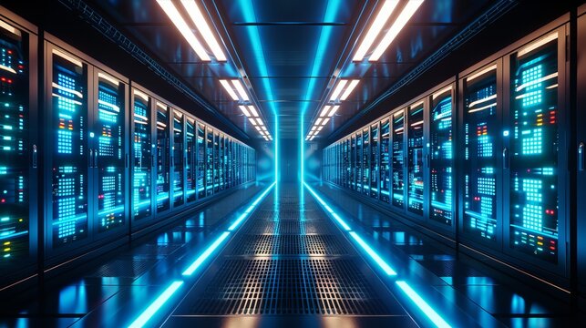 A parallel row of servers, adorned in electric blue, fills a technology-driven data center hallway with a symmetrical display of power and technology.
