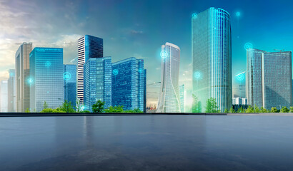 City with Empty space A modern city with a park and skyscrapers connected to each other by a network.