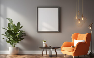 Mockup picture frame on wall in minimalist bright interior with orange armchair, small table, houseplant, natural sunlight