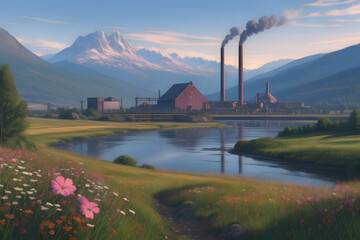 Nature meets industry in vibrant digital painting: rivers, mountains, and factories blend in serene harmony.