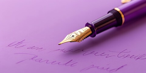 Fototapeta premium A close-up shot of a purple fountain pen writing on purple paper, emphasizing the luxury and elegance of handwriting with high-quality stationery.