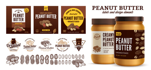 Vector peanut butter labels. Peanut butter branding and identity icons, badges, insignia and design elements. Realistic glass jar mockup