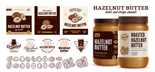 Vector hazelnut butter labels. Hazelnut butter branding and identity icons, badges, insignia and design elements. Realistic glass jar mockup