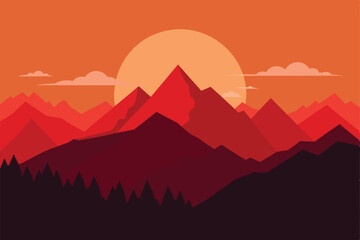 Beautiful mountain panoramic landscape at sunrise. Stunning landscape of a red sunset over the silhouettes of mountains and peaks. Amazing vector illustration