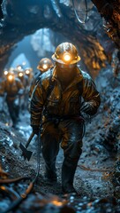 Naklejka premium A group of miners deep underground, illuminated by headlamps, working diligently with pickaxes and drills, capturing the harsh conditions