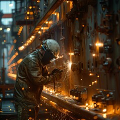 A shipyard worker welding parts of a ship hull, surrounded by scaffolding and maritime tools, emphasizing the scale and complexity