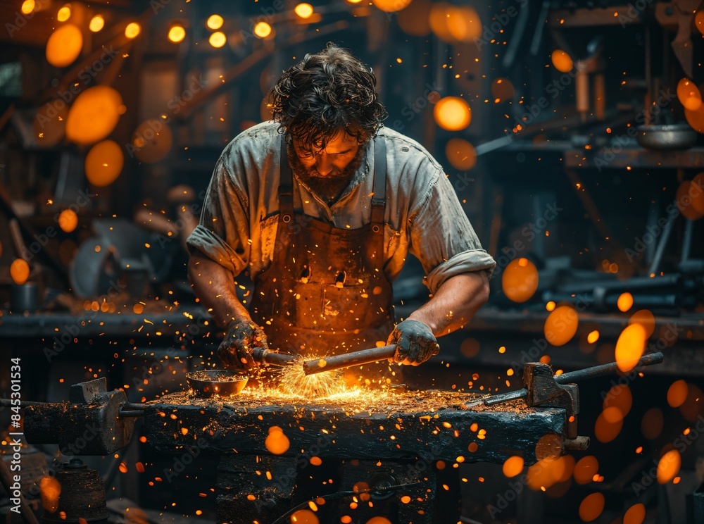 Wall mural a blacksmith in a forge, hammering hot metal on an anvil, surrounded by traditional tools and an int