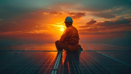 A solar panel installer on a rooftop, with an array of panels and a bright sun, emphasizing sustainable energy solutions