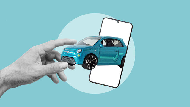 Buy And Sell Car Insurance Online On Phone. Concept of online app for car sharing, taxi, buy or sell. Copy space for text