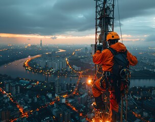 A telecom technician climbing a cellular tower, with a cityscape in the background, highlighting connectivity and infrastructure