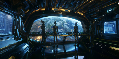 Aliens on a Spaceship Bridge with Advanced Consoles and a Panoramic View of Earth, Depicting the Arrival of an Alien Civilization