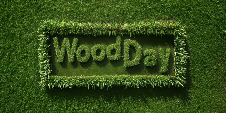 The inscription 'WoodDay' is artistically embedded in a lush green grass setting, symbolizing an environmental event or celebration surrounded by nature.