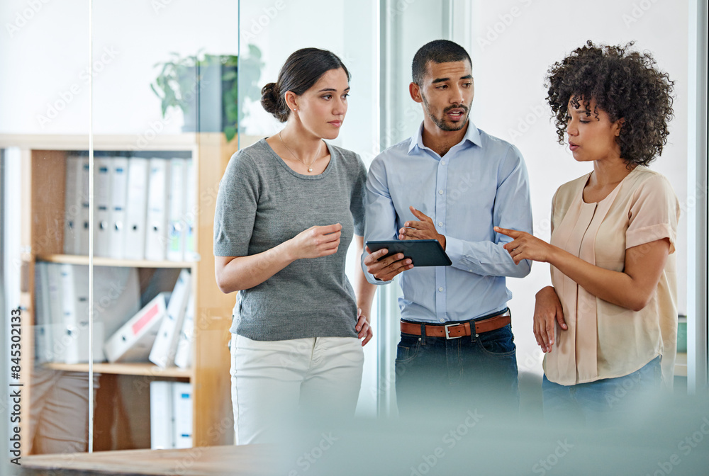 Poster Team, people and planning in office with tablet for collaboration or business networking with technology. Employees, workplace and corporate digital project with group for ideas or productivity.