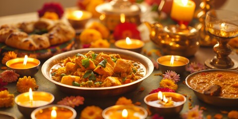 A festive spread featuring traditional Indian food, surrounded by marigold flowers, candles, and vibrant decor, perfect for celebratory occasions.
