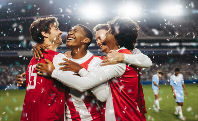 Football players celebrating a victorious match in a professional football stadium