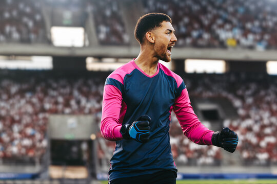 Goalkeeper yelling during professional football match at full stadium