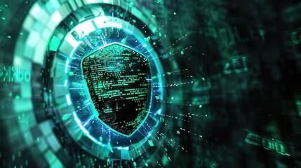 dedication to cybersecurity, surrounded by a vortex of binary code representing cyber threats. The shield stands firm, a beacon of robust protection