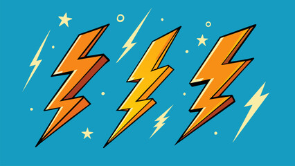 Set of hand drawn flashes. Orange thunderbolts on blue background. Lightning strike symbol. Vector illustration.