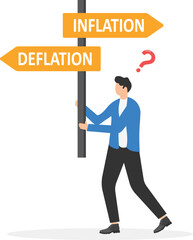 Inflation and deflation signs with confused businessman. Politician or financial officer does not know how speed up economy. Street sign with arrows pointing two opposite directions towards. vector

