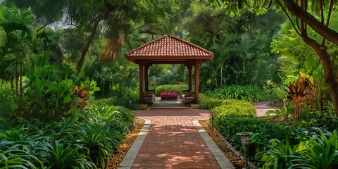 Naklejka premium A tranquil garden scene with a brick pathway leading through lush greenery to a charming pavilion, surrounded by vibrant flowers, providing a peaceful retreat under a shaded canopy.